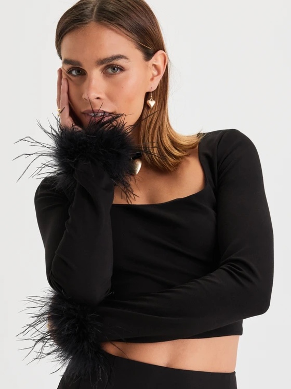 Lulu's Black Feather-Trim Square Neck Crop Top